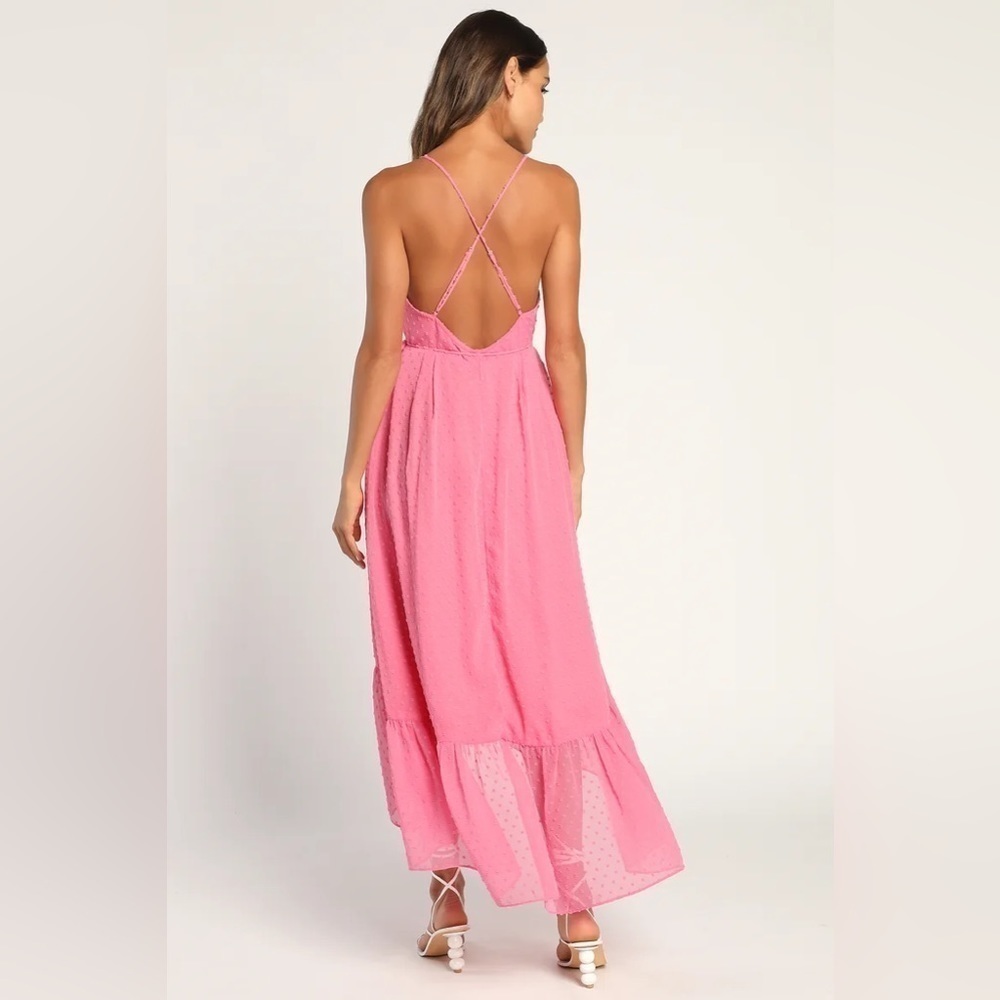 NWT Lulus Effortlessly Easy Swiss Dot High-Low Midi Wrap Dress in‎ Pink Medium - Picture 3 of 9